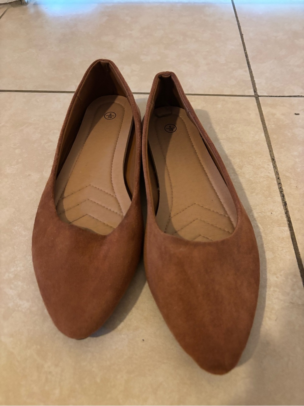 Women's Pointed Suede-Look Flats in Cognac